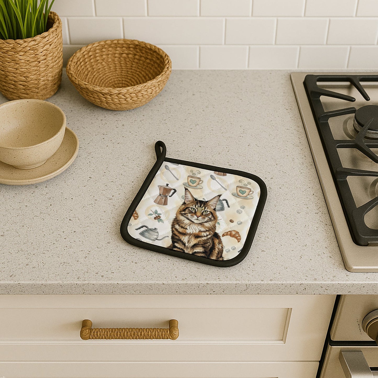MaineCoon Brown Tabby Cat Coffee Time Pair of Pot Holders