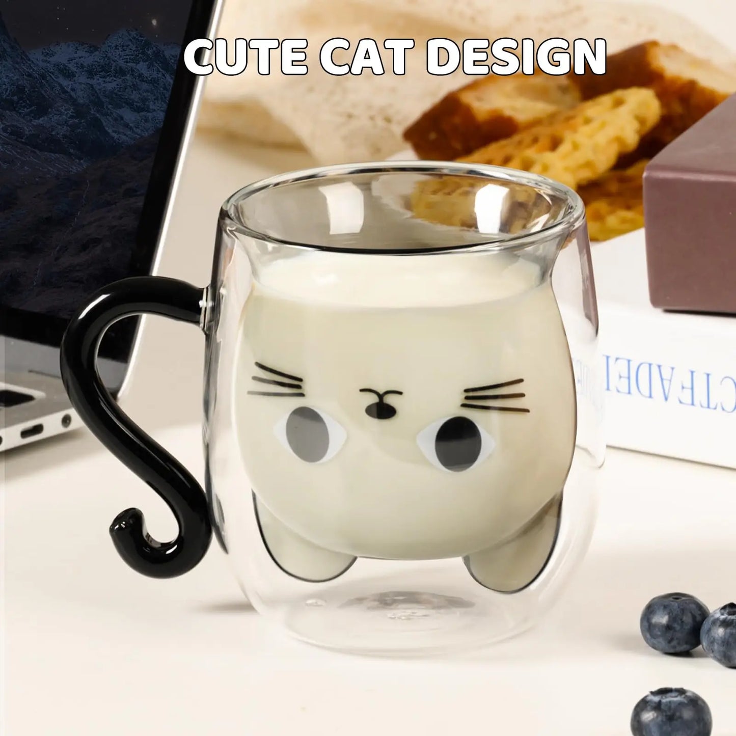 Cute Cat Double-Wall Insulated Glass Coffee Mug with Handle, Cartoon Couple Teacup for Home & Office