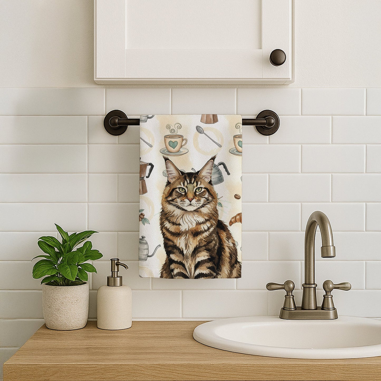 MaineCoon Brown Tabby Cat Coffee Time Kitchen Towel
