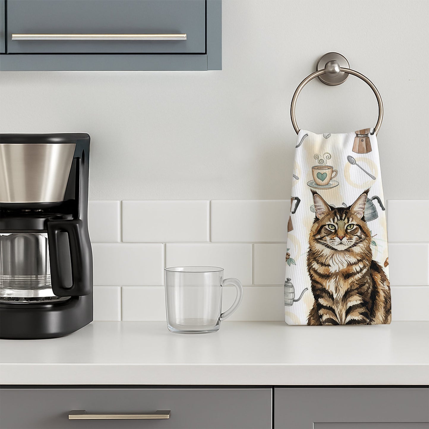 MaineCoon Brown Tabby Cat Coffee Time Kitchen Towel