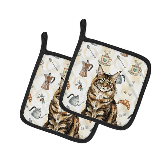 MaineCoon Brown Tabby Cat Coffee Time Pair of Pot Holders
