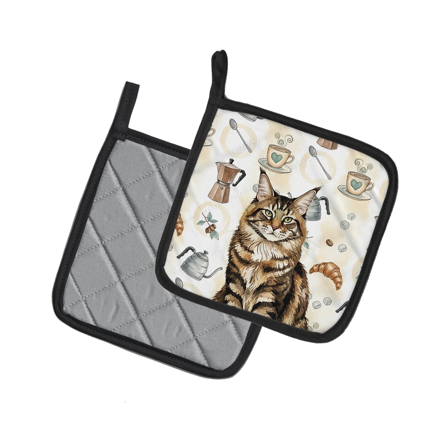 MaineCoon Brown Tabby Cat Coffee Time Pair of Pot Holders