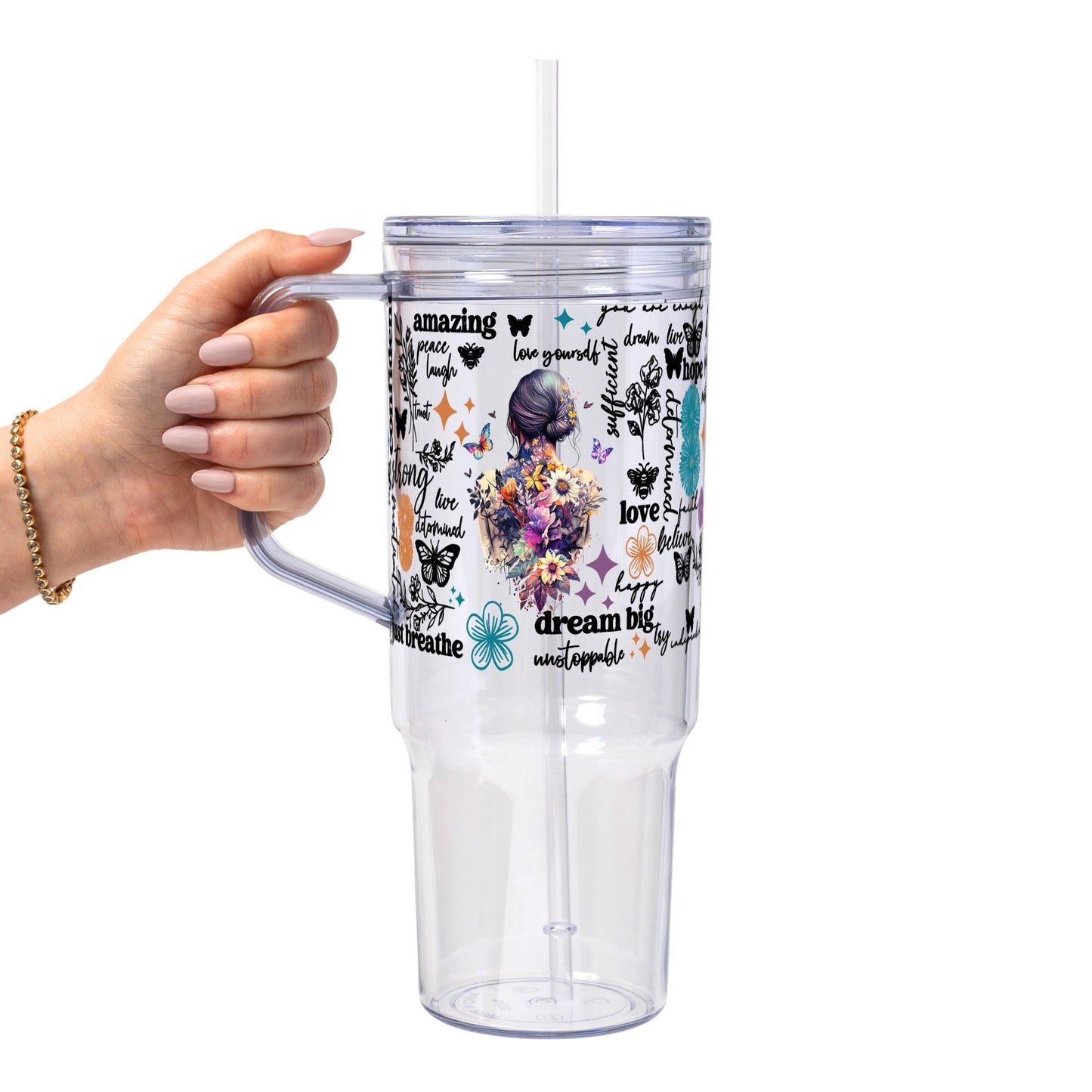 Flower Affirmations Glass Cup, Mug & Tumbler with Lid and Straw
