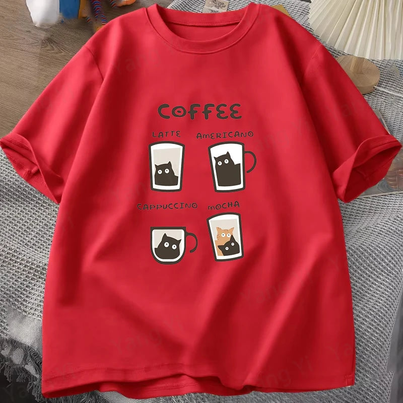 Kitten Coffee Cute Print T-Shirt