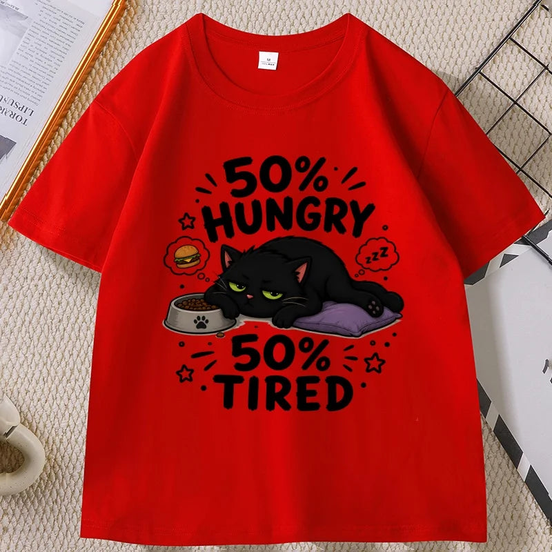 Funny Hungry Tired Cat Printed T-Shirt