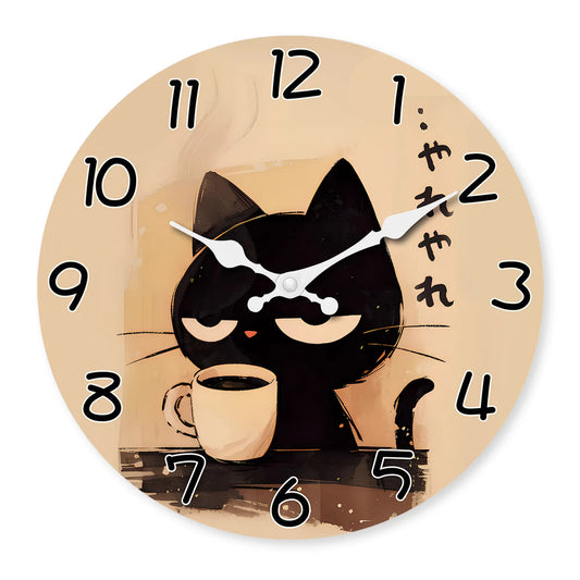 Cat Drinking Coffee Pattern Wooden Wall Clock