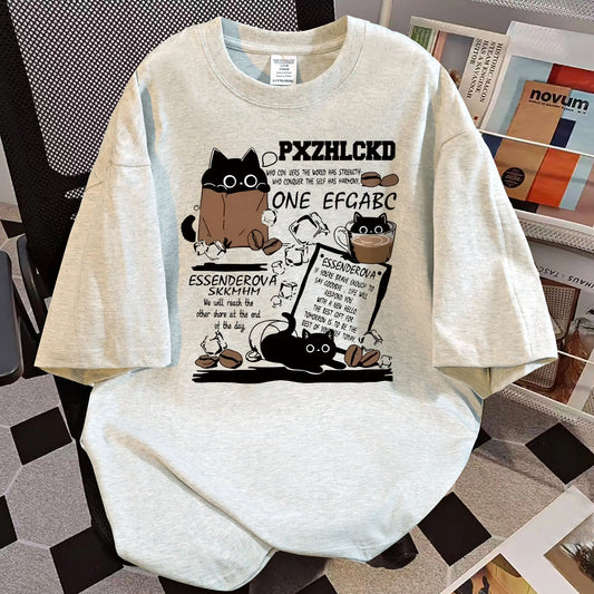 Design Sense Coffee Cat Cartoon Print T-Shirt