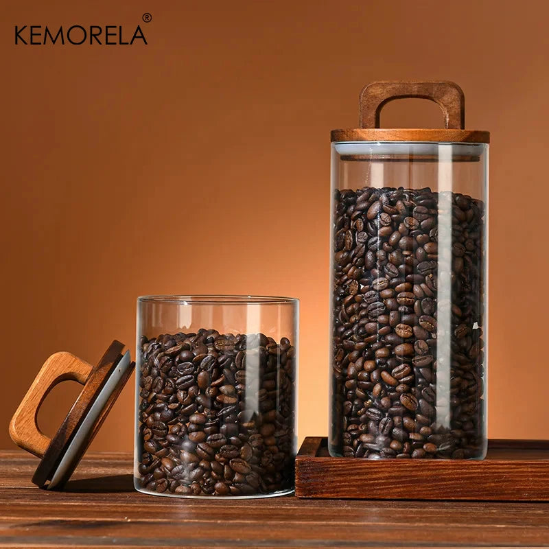 Wood Lid Glass jar Airtight Canister Coffee Container