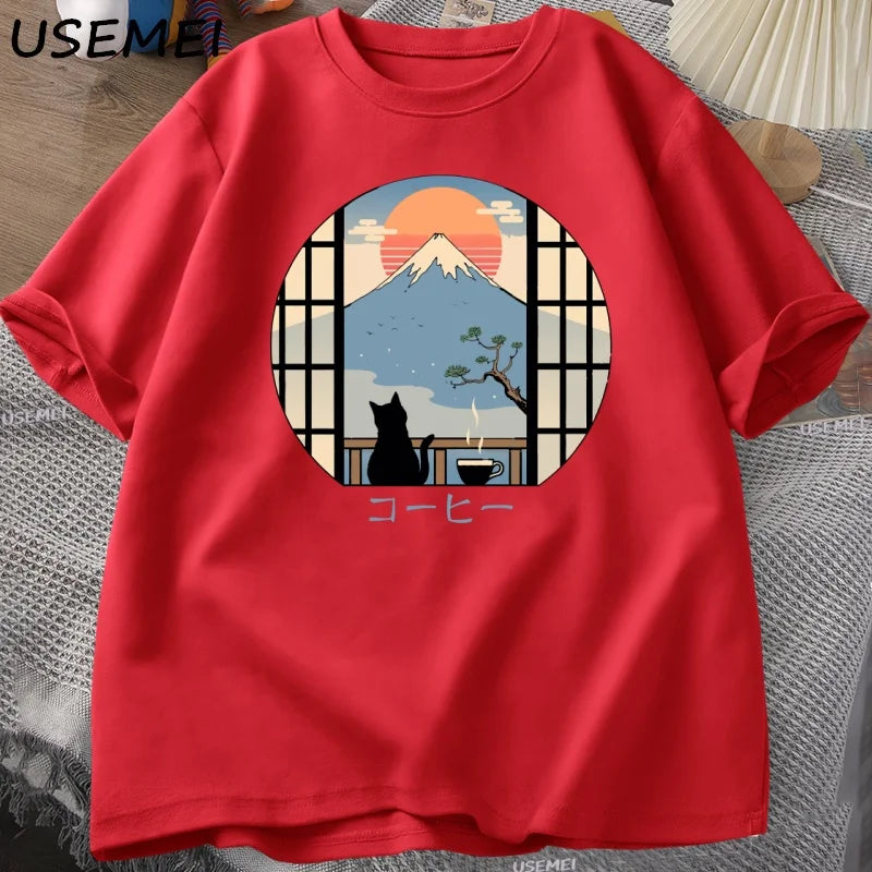 Coffee Cat in Mt Fuji T-Shirt