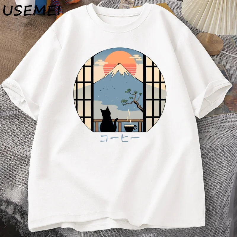 Coffee Cat in Mt Fuji T-Shirt
