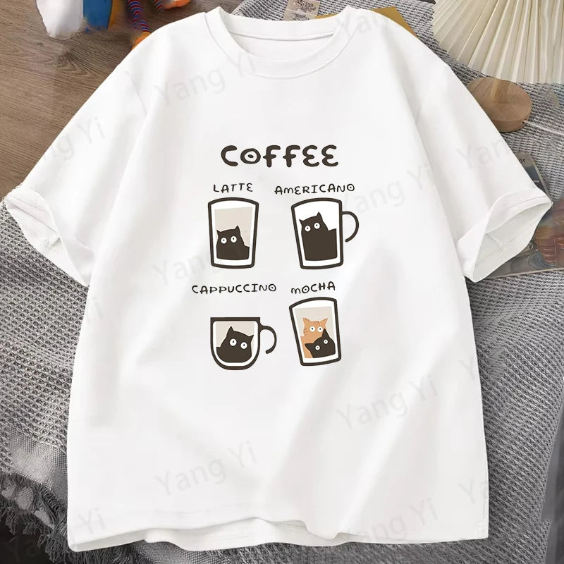 Kitten Coffee Cute Print T-Shirt