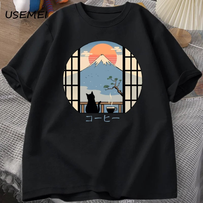 Coffee Cat in Mt Fuji T-Shirt