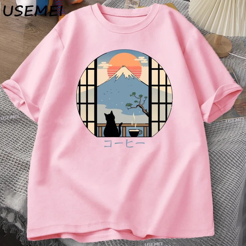 Coffee Cat in Mt Fuji T-Shirt