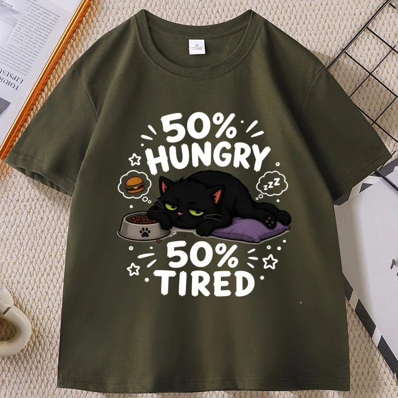 Funny Hungry Tired Cat Printed T-Shirt