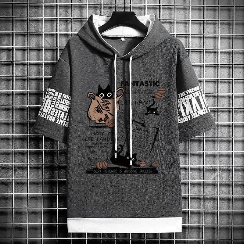 Cartoon Coffee Cat Print Graphic T-Shirt