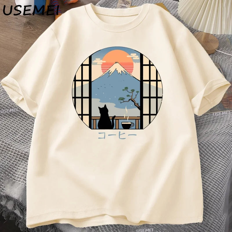 Coffee Cat in Mt Fuji T-Shirt