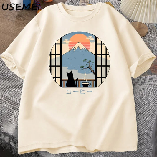 Coffee Cat in Mt Fuji T-Shirt