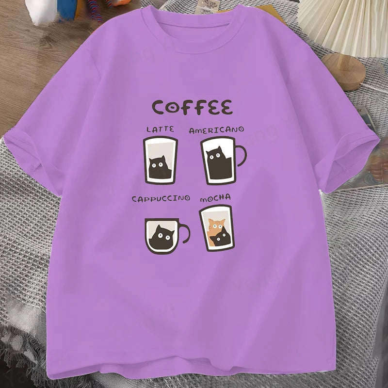 Kitten Coffee Cute Print T-Shirt