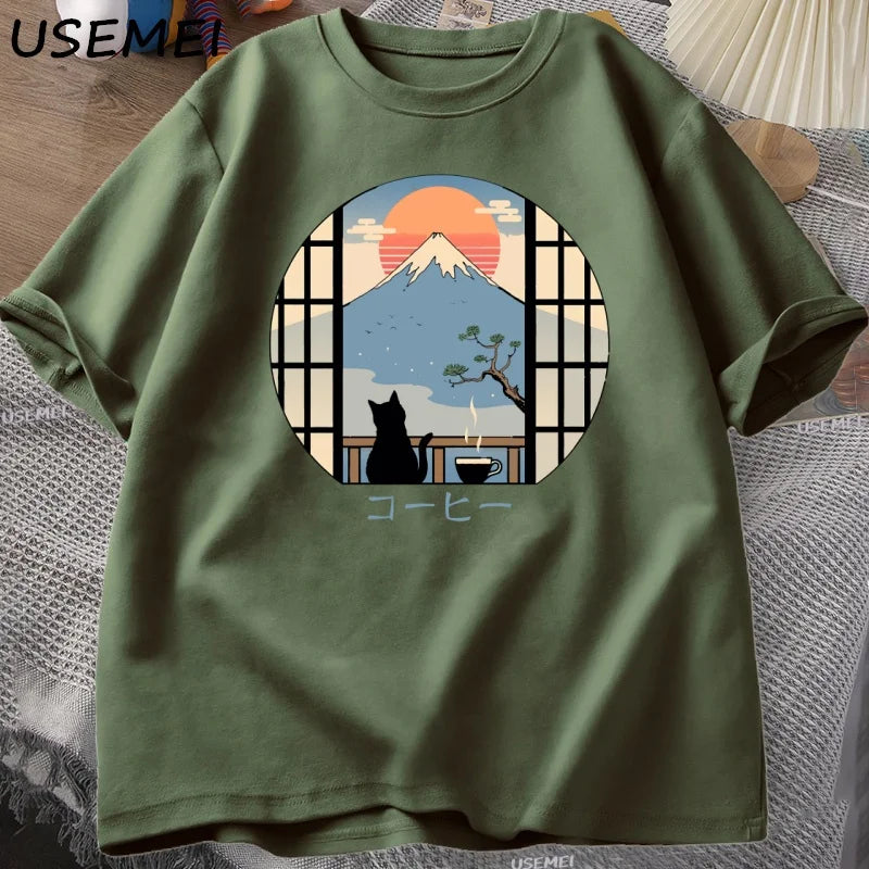 Coffee Cat in Mt Fuji T-Shirt
