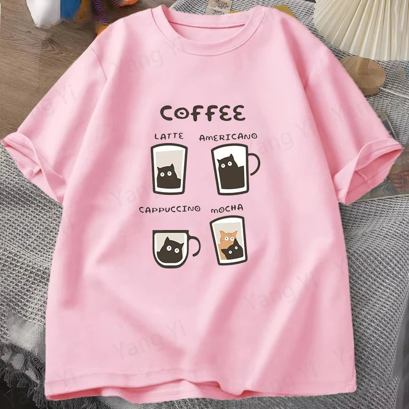 Kitten Coffee Cute Print T-Shirt