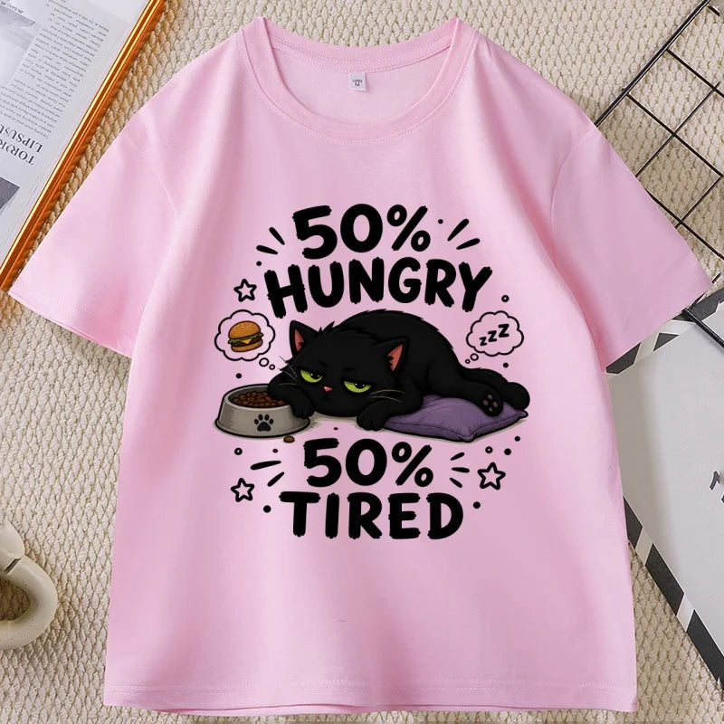 Funny Hungry Tired Cat Printed T-Shirt