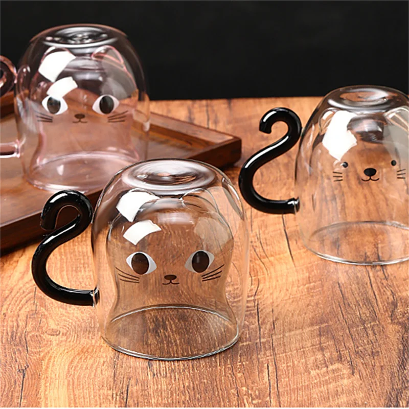 Cute Cat Double-Wall Insulated Glass Coffee Mug with Handle, Cartoon Couple Teacup for Home & Office