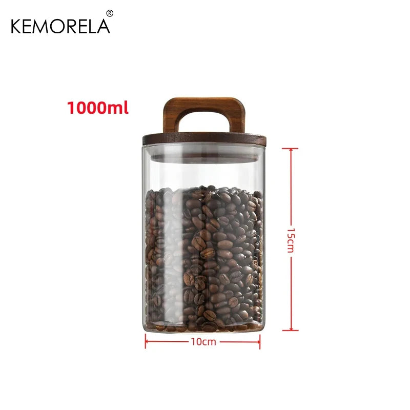 Wood Lid Glass jar Airtight Canister Coffee Container