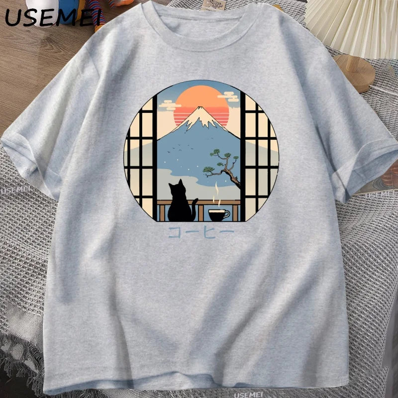 Coffee Cat in Mt Fuji T-Shirt