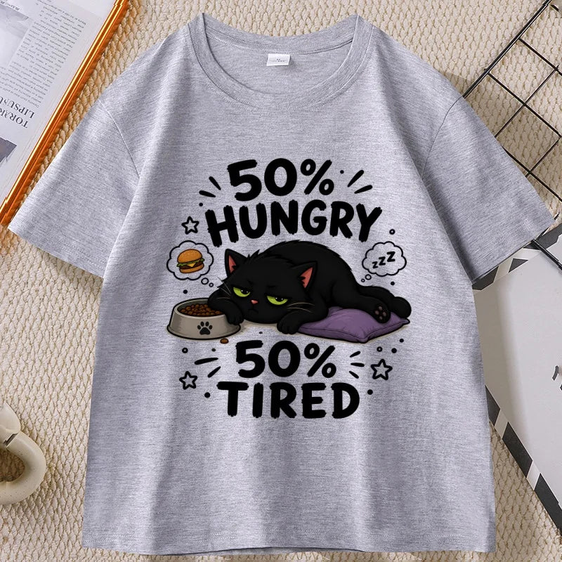 Funny Hungry Tired Cat Printed T-Shirt