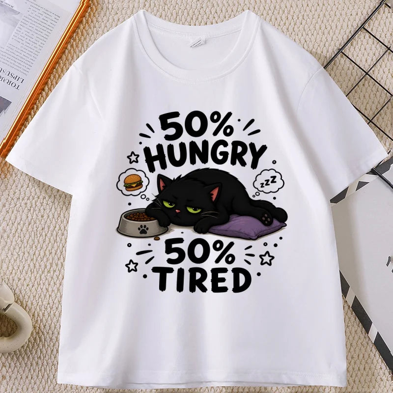Funny Hungry Tired Cat Printed T-Shirt