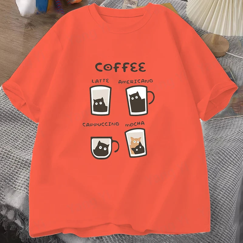 Kitten Coffee Cute Print T-Shirt