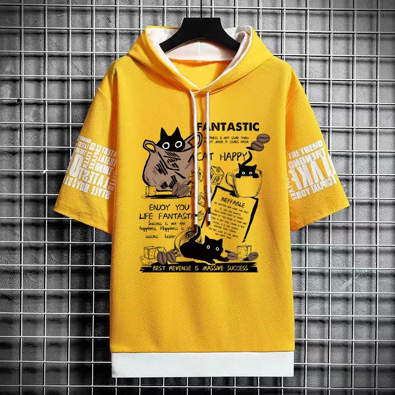 Cartoon Coffee Cat Print Graphic T-Shirt