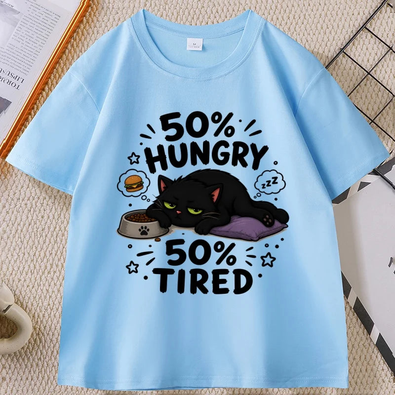 Funny Hungry Tired Cat Printed T-Shirt