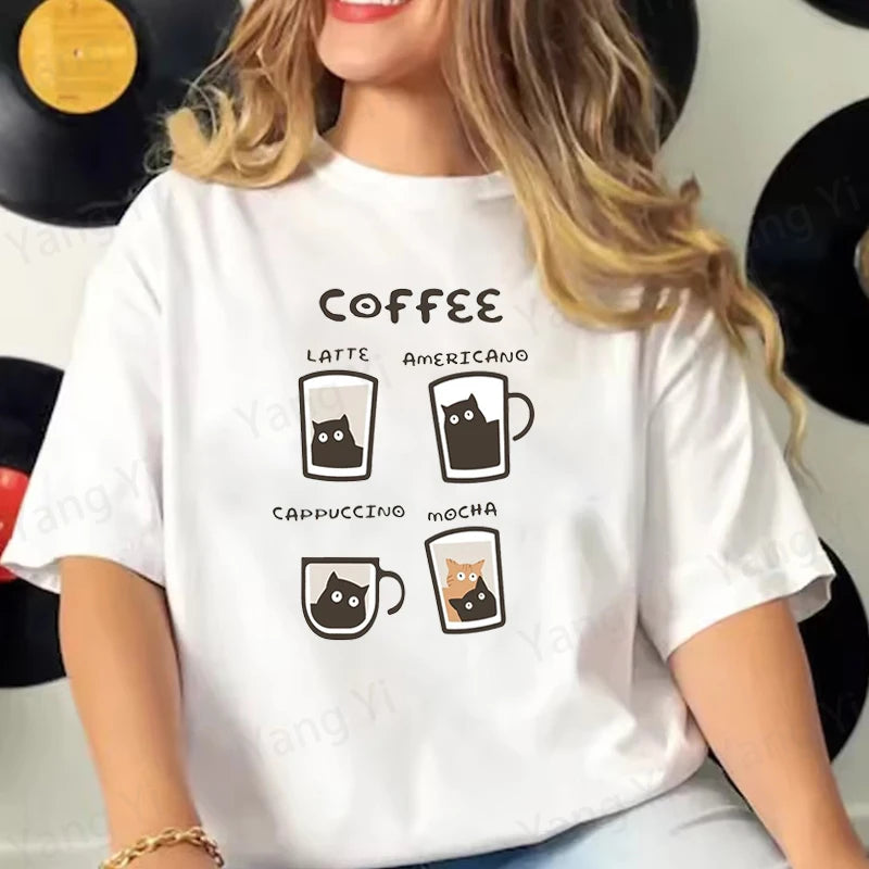 Kitten Coffee Cute Print T-Shirt