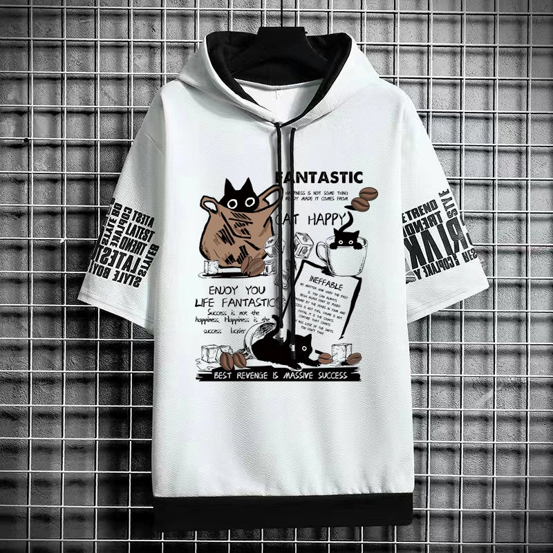 Cartoon Coffee Cat Print Graphic T-Shirt