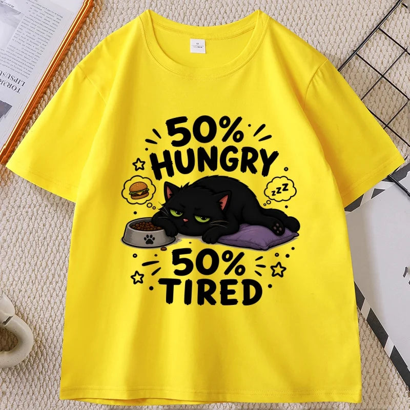 Funny Hungry Tired Cat Printed T-Shirt