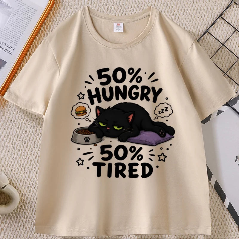 Funny Hungry Tired Cat Printed T-Shirt