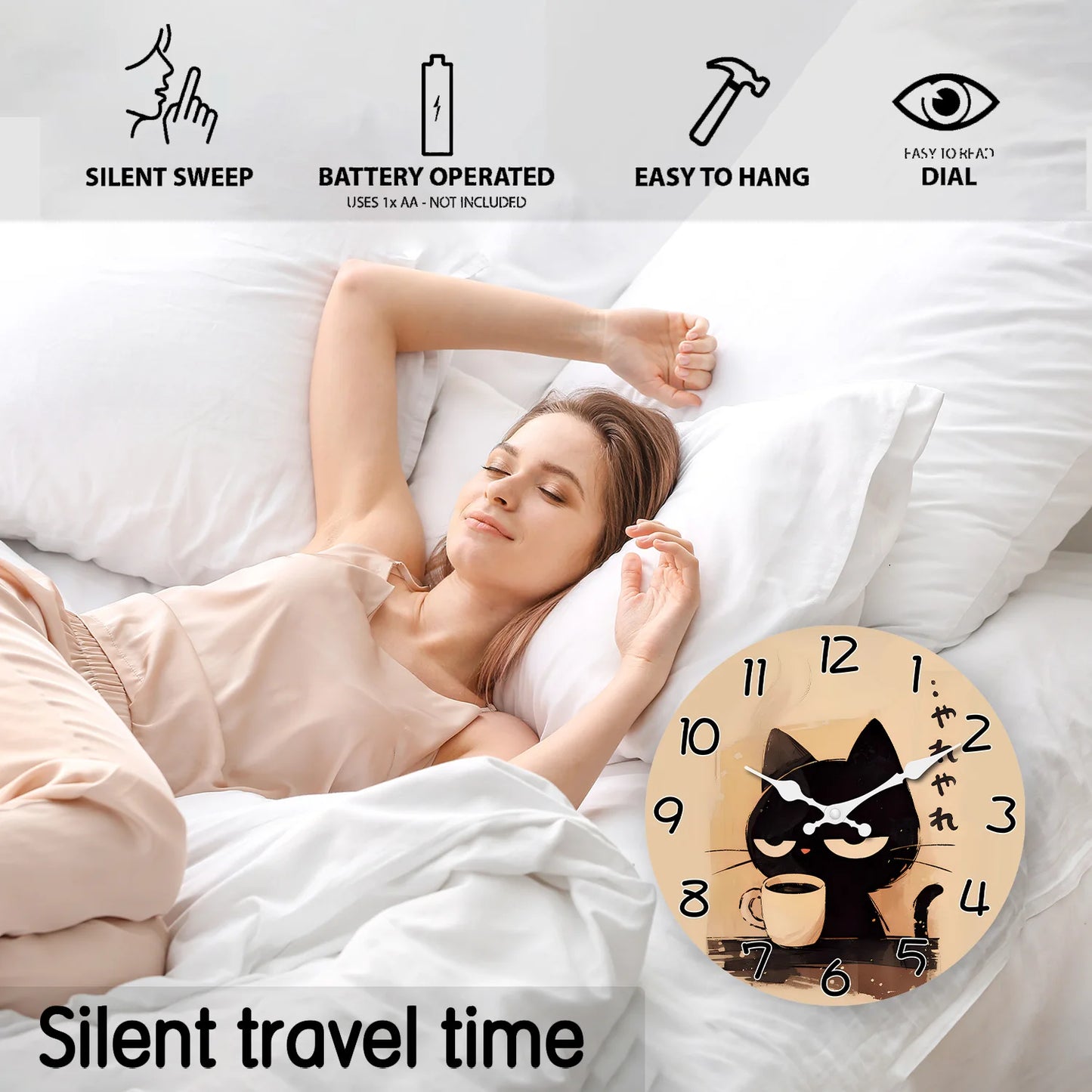 Cat Drinking Coffee Pattern Wooden Wall Clock