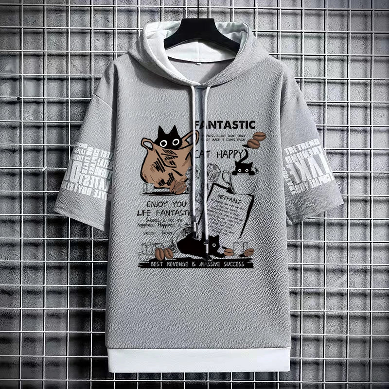 Cartoon Coffee Cat Print Graphic T-Shirt