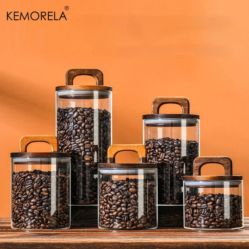 Wood Lid Glass jar Airtight Canister Coffee Container