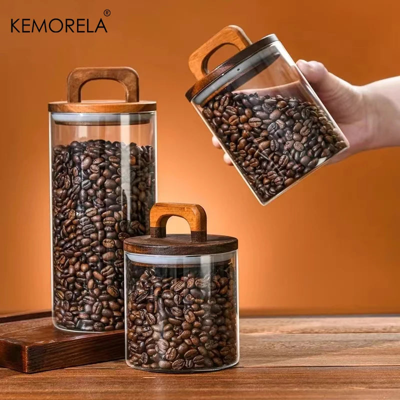 Wood Lid Glass jar Airtight Canister Coffee Container