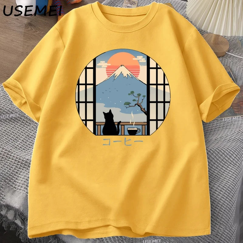 Coffee Cat in Mt Fuji T-Shirt