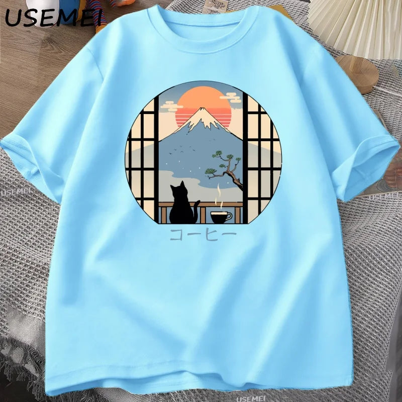 Coffee Cat in Mt Fuji T-Shirt