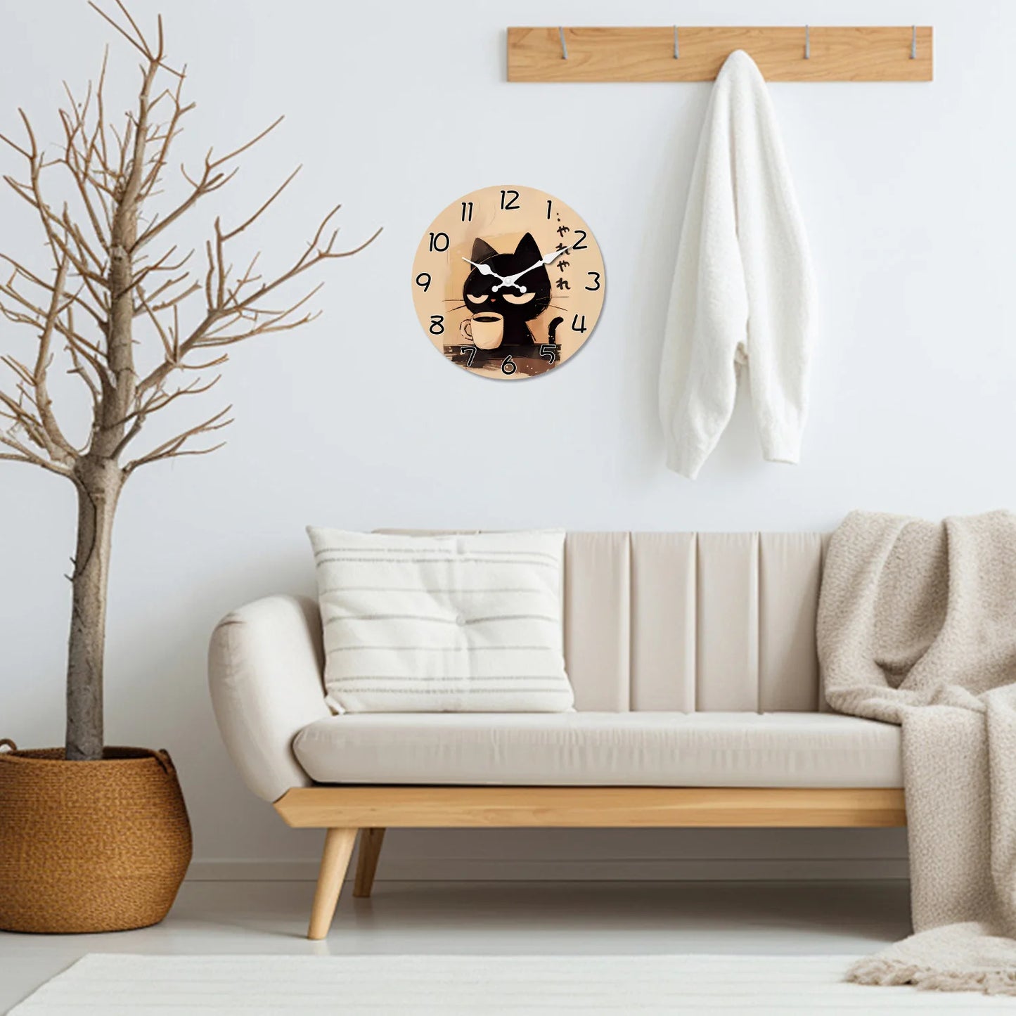 Cat Drinking Coffee Pattern Wooden Wall Clock