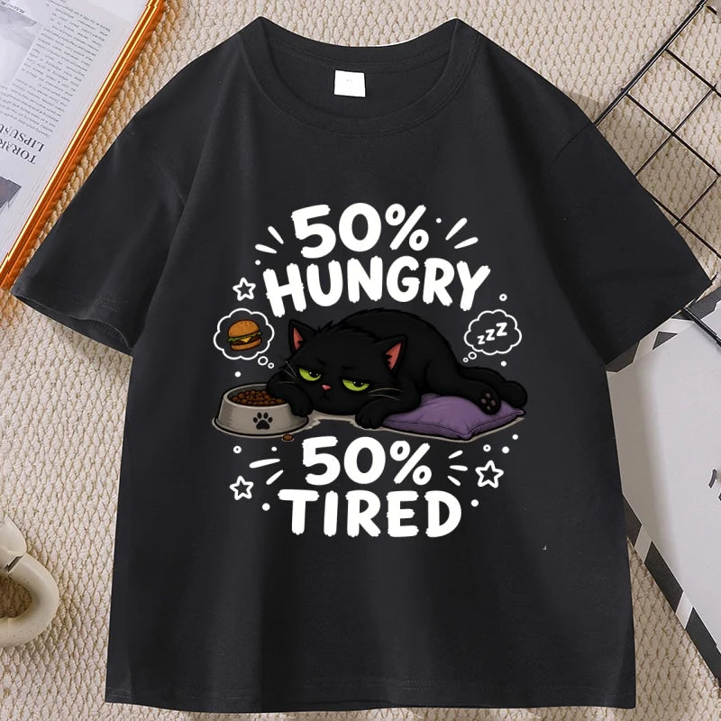 Funny Hungry Tired Cat Printed T-Shirt