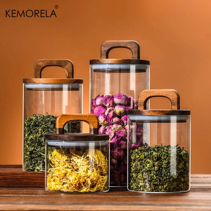 Wood Lid Glass jar Airtight Canister Coffee Container