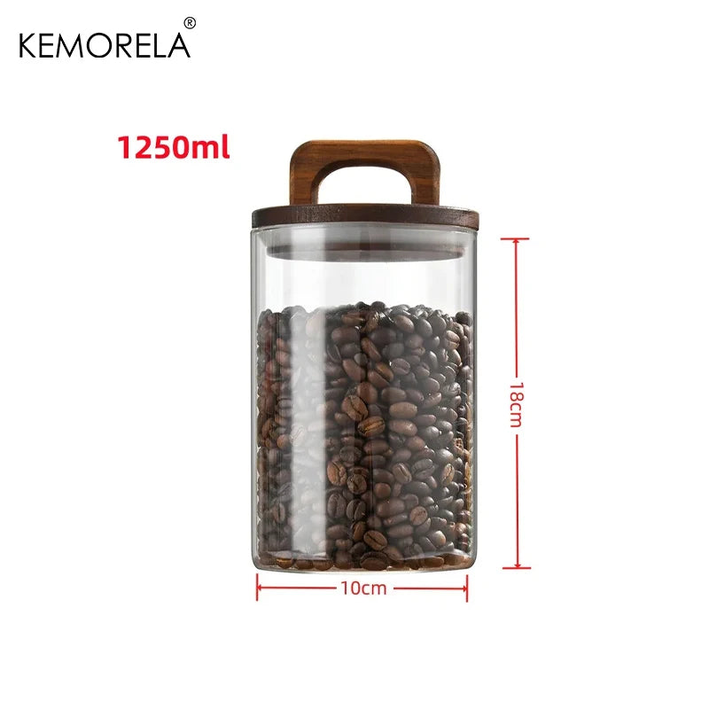 Wood Lid Glass jar Airtight Canister Coffee Container