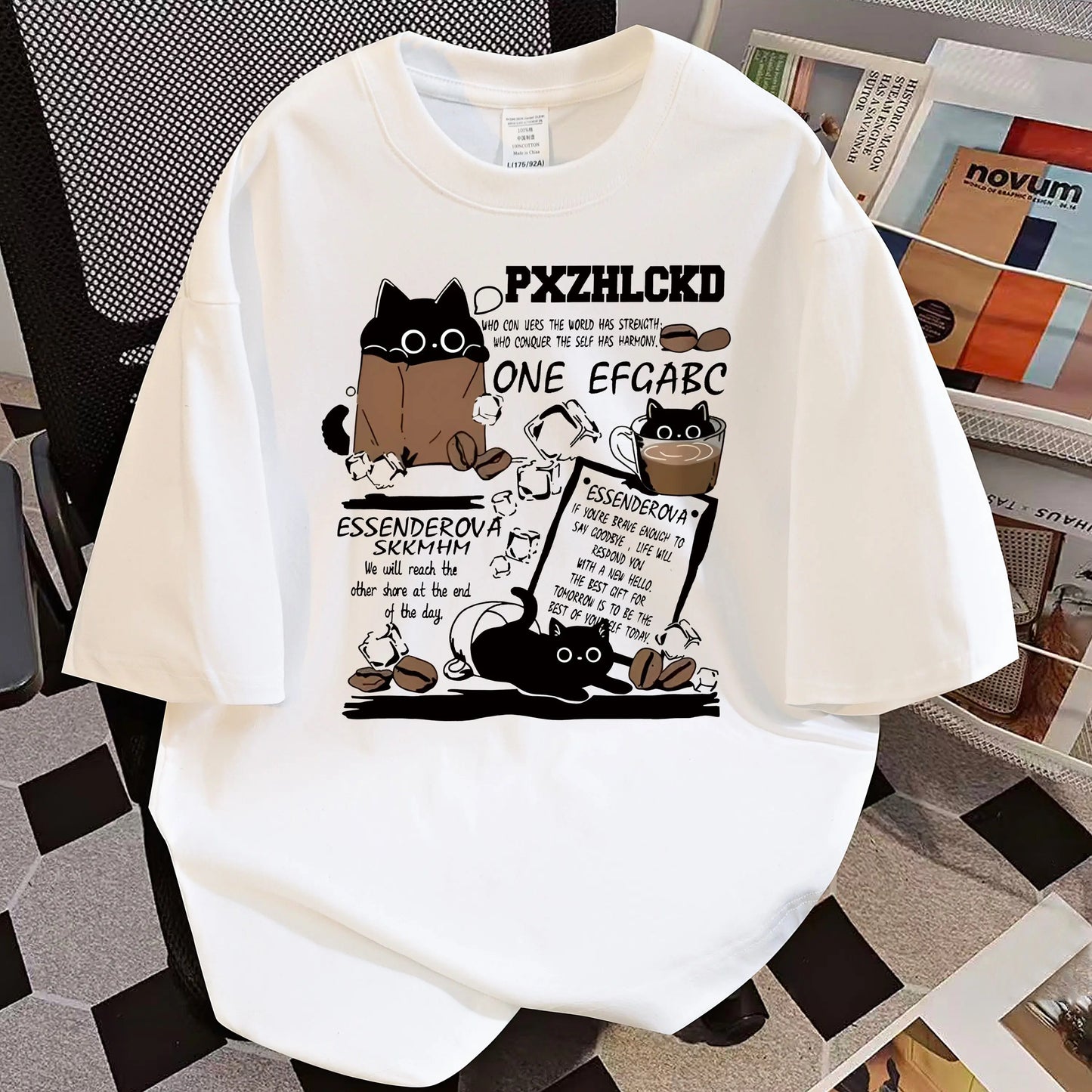 Design Sense Coffee Cat Cartoon Print T-Shirt