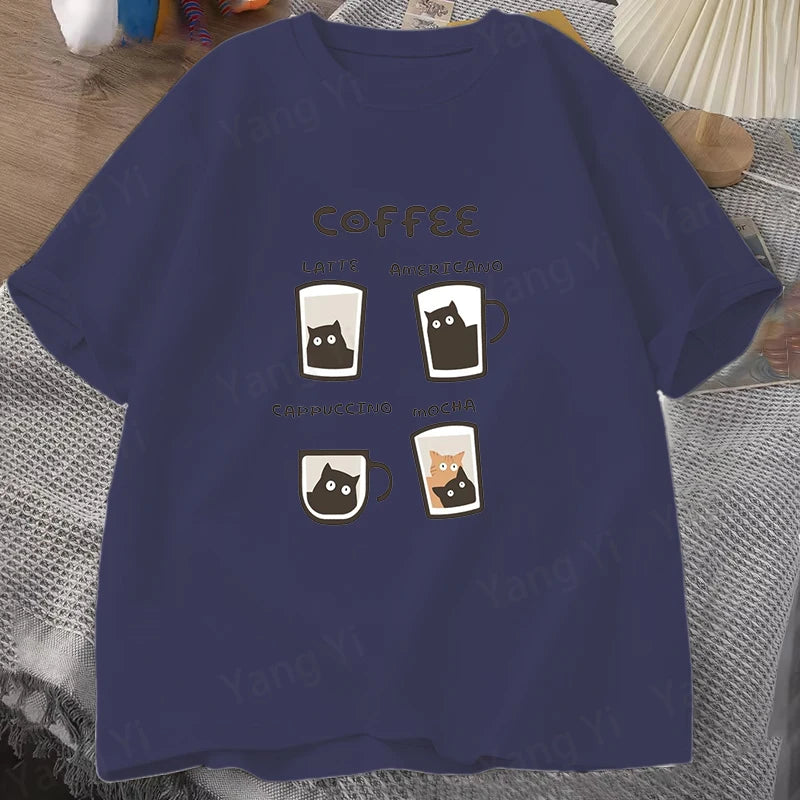 Kitten Coffee Cute Print T-Shirt