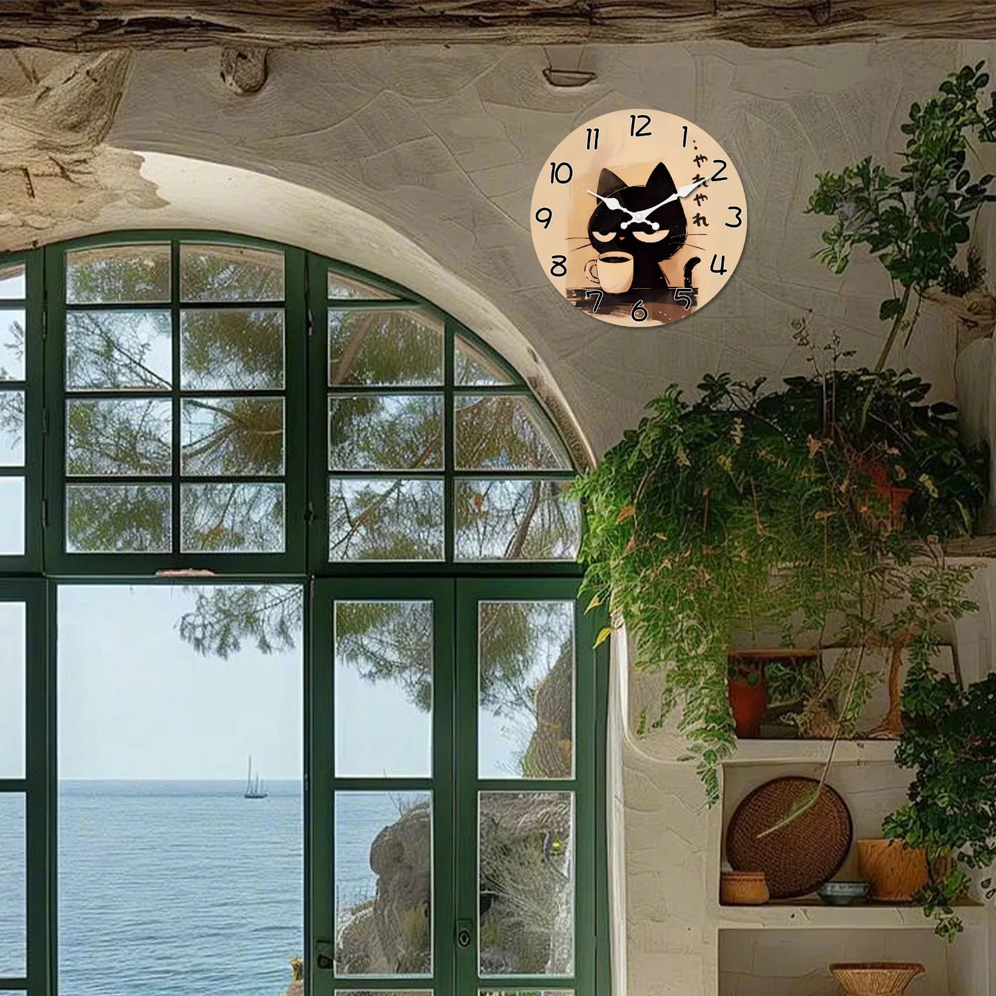 Cat Drinking Coffee Pattern Wooden Wall Clock